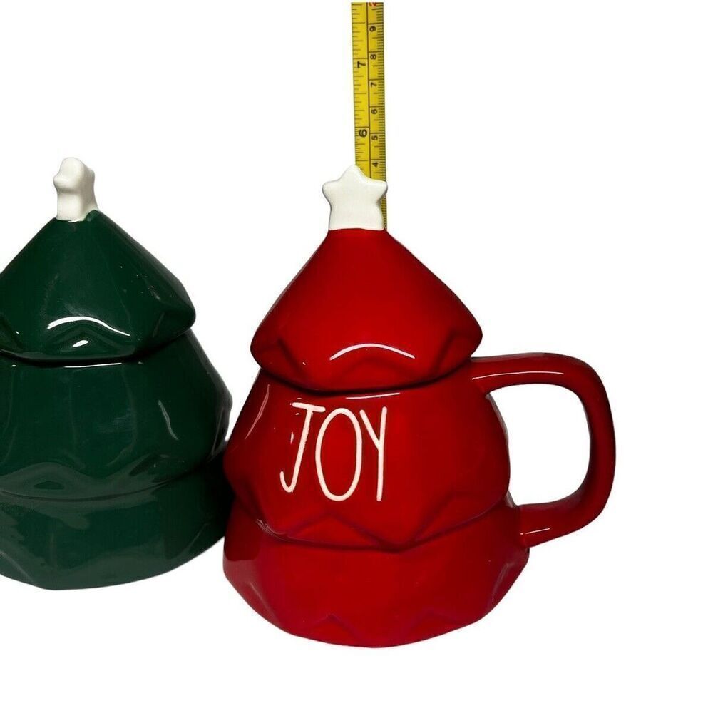Rae Dunn JOY Red and Green Christmas Tree Mug With Tree Topper/Lid - Picture 7 of 8